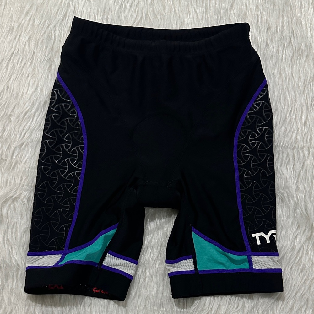 TYR Men's Black Athletic Shorts with Purple and Teal Accents